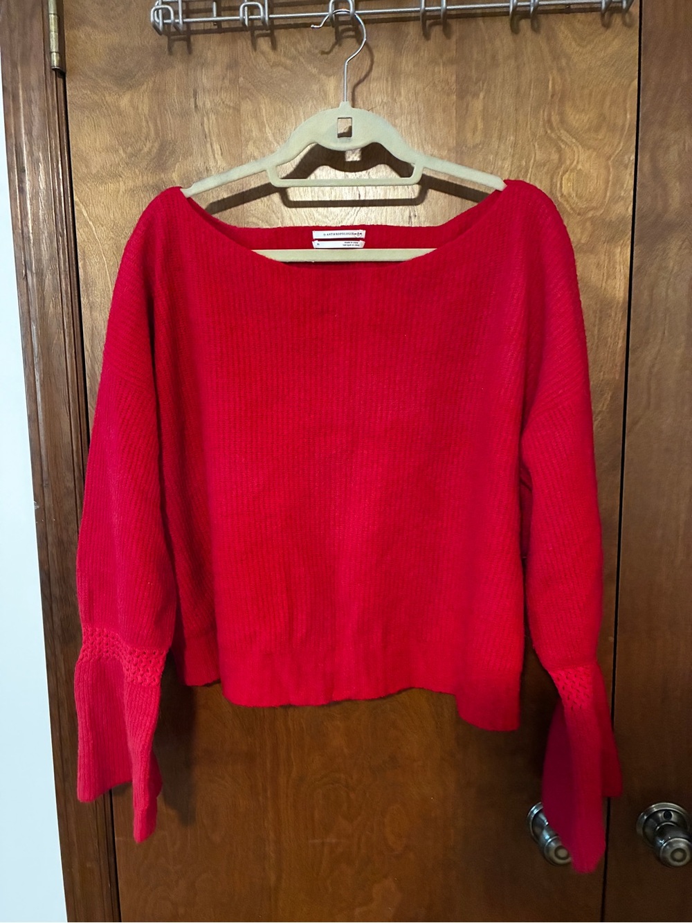 Anthropologie Red Off-the-Shoulder Knit Sweater with Flared Cuffs - Wool blend